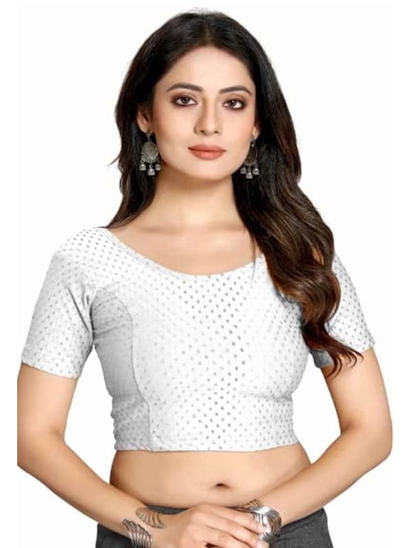 Cotton Lycra Stretchable Athletic Shirt Half Sleeve Dry Fit Workout Crop Top Gym Sports Top Sari Blouse ( X-Large, White)