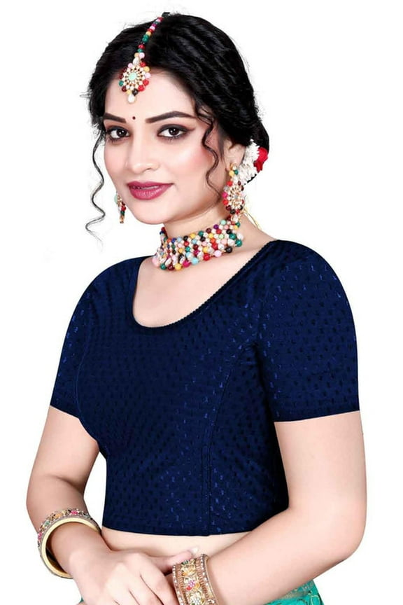 Cotton Lycra Stretchable Athletic Shirt Half Sleeve Dry Fit Workout Crop Top Gym Sports Top Sari Blouse ( XX-Large, Navy)