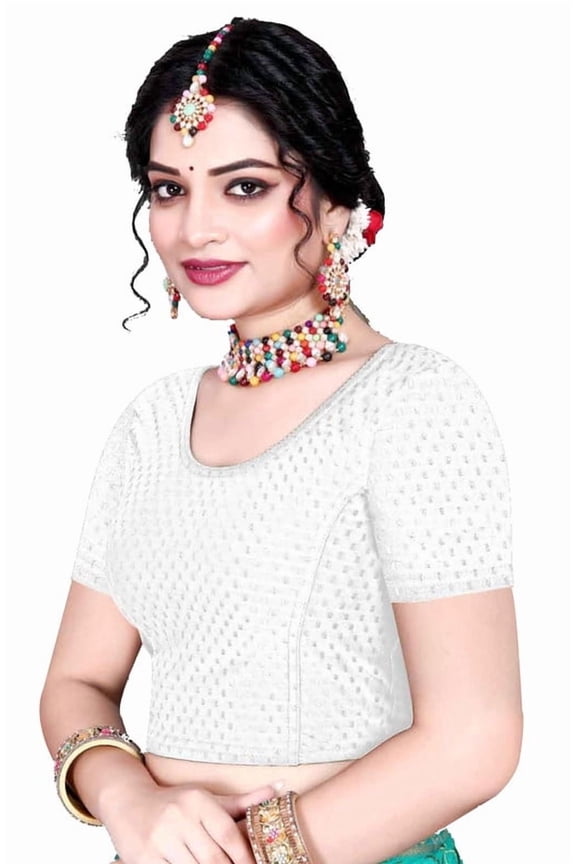 Cotton Lycra Stretchable Athletic Shirt Half Sleeve Dry Fit Workout Crop Top Gym Sports Top Sari Blouse ( XX-Large, White)