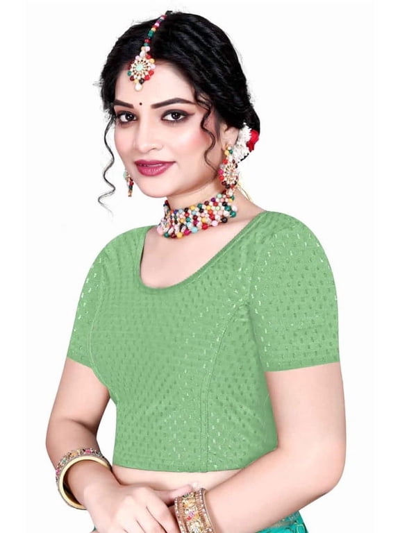 Cotton Lycra Stretchable Athletic Shirt Half Sleeve Dry Fit Workout Crop Top Gym Sports Top Sari Blouse ( XX-Large, Pal Green)