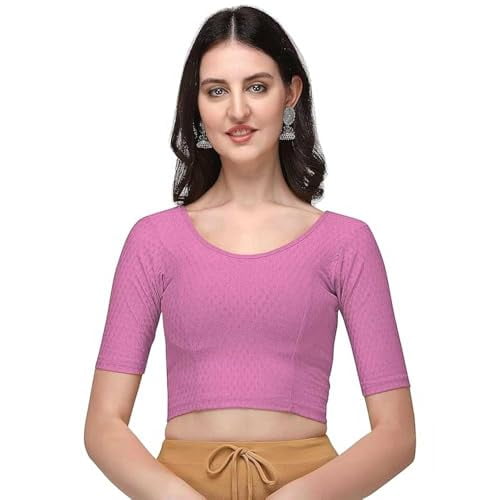 Stylesindia Cotton Lycra Stretchable Sari Blouse Round Neck Half Sleeve Dry Fit Workout Crop Top Gym Sports Top for Women (BABY PINK, 3XL)