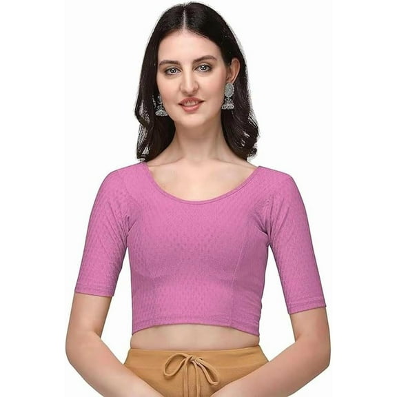 Stylesindia Cotton Lycra Stretchable Sari Blouse Round Neck Half Sleeve Dry Fit Workout Crop Top Gym Sports Top for Women (BABY PINK, XL)