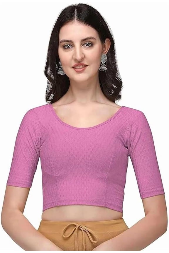 Cotton Lycra Stretchable Sari Blouse Round Neck Half Sleeve Dry Fit Workout Crop Top Gym Sports Top for Women (BABY PINK, XL)