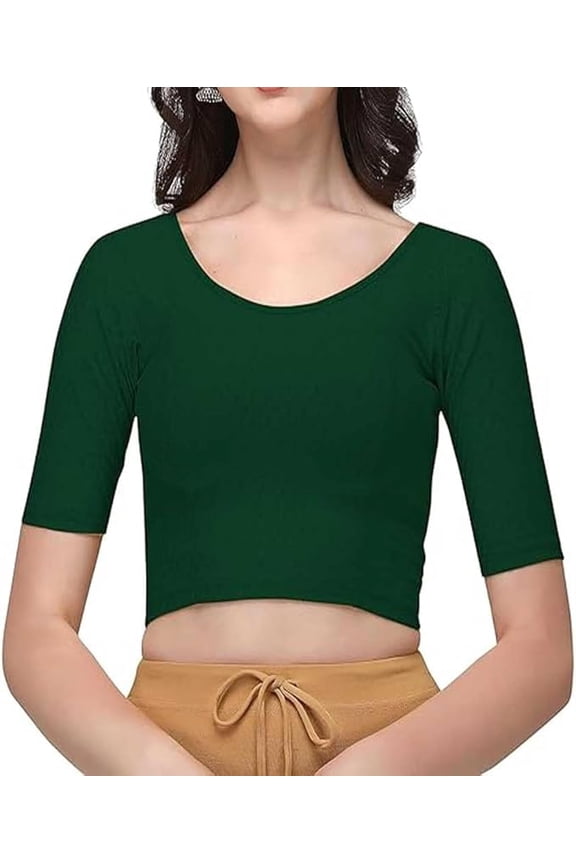 Cotton Lycra Stretchable Sari Blouse Round Neck Half Sleeve Dry Fit Workout Crop Top Gym Sports Top for Women (GREEN, 2XL)