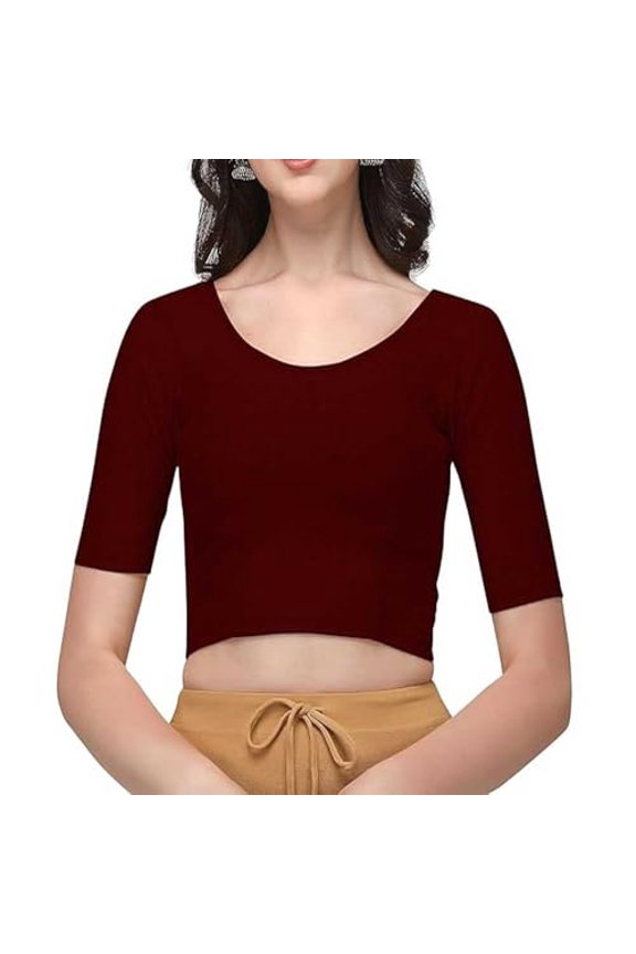 Cotton Lycra Stretchable Sari Blouse Round Neck Half Sleeve Dry Fit Workout Crop Top Gym Sports Top for Women (MAROON, 2XL)