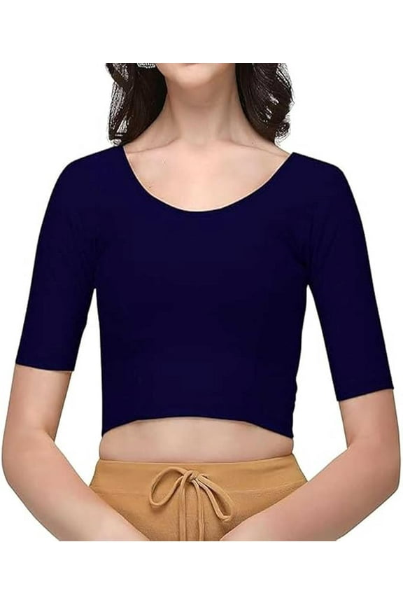Cotton Lycra Stretchable Sari Blouse Round Neck Half Sleeve Dry Fit Workout Crop Top Gym Sports Top for Women (NAVY, XL)
