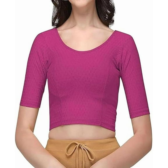 Stylesindia Cotton Lycra Stretchable Sari Blouse Round Neck Half Sleeve Dry Fit Workout Crop Top Gym Sports Top for Women (PINK, XL)
