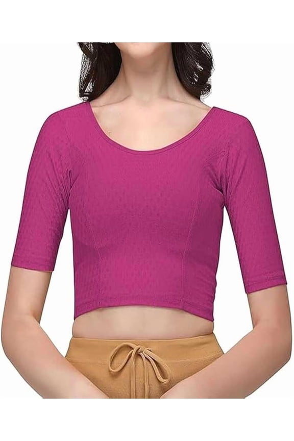 Cotton Lycra Stretchable Sari Blouse Round Neck Half Sleeve Dry Fit Workout Crop Top Gym Sports Top for Women (PINK, XL)