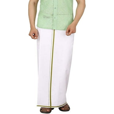 Stylesindia Cotton Single Layer White Dhoti 1.8 Meters Length Lungi Sarong with Colored Border Dhoties (Olive Border)