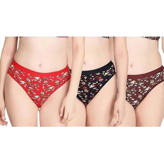 Stylesindia Flower Printed Medium Coverage Super Combed Cotton Mid Waist Bikini with Concealed Waistband Pack of 3 (US, Alpha, XX-Large, Regular, Regular, Dark Base Flower Printed)