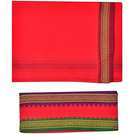 Stylesindia Men's Cotton Colored Dhoti with Angavastram (Towel) - (Red)