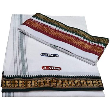 Stylesindia Men's Cotton Colored Dhoti with Angavastram (Towel) - (White)