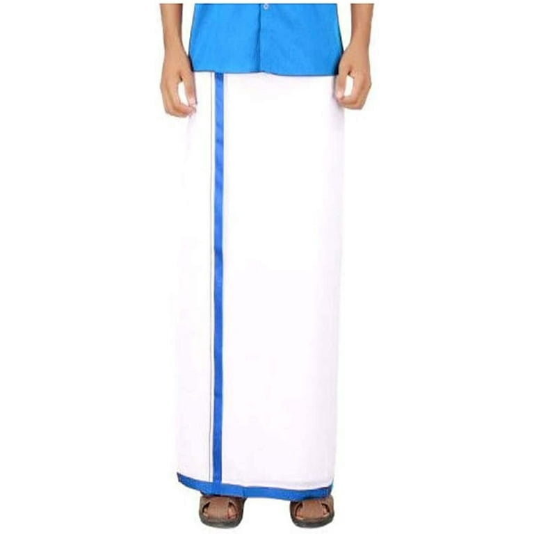 Stylesindia Men s Cotton Double Layer White Dhoti with Color Border 3.60 Meters Length Veshti Mundu Blue Border