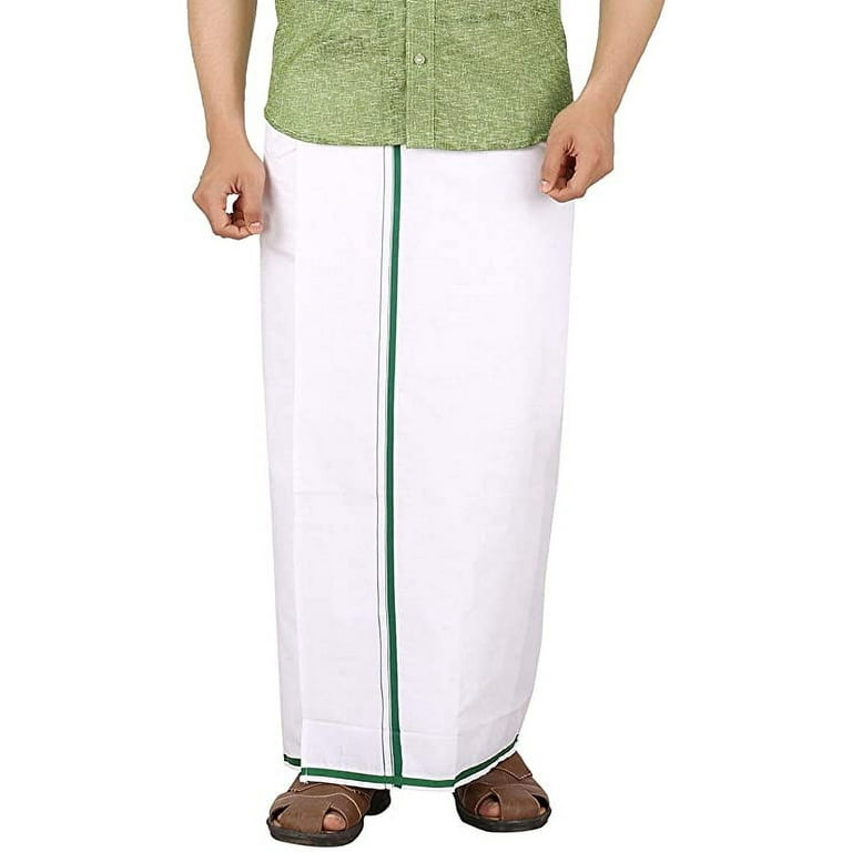 Stylesindia Men s Cotton Double Layer White Dhoti with Color Border 3.60 Meters Length Veshti Mundu Green Border