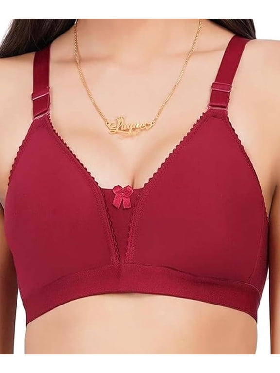 Non Padded Non-Wired Plunge Neckline Pattern Bra Plus Size Non Wired Pushup Soft Cup for Daily Use (US, Numeric, 40, Plus, Petite, Maroon)