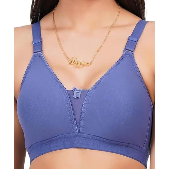 Stylesindia Non Padded Non-Wired Plunge Neckline Pattern Bra Plus Size Non Wired Pushup Soft Cup for Daily Use (US, Numeric, 40, Plus, Petite, Blue)