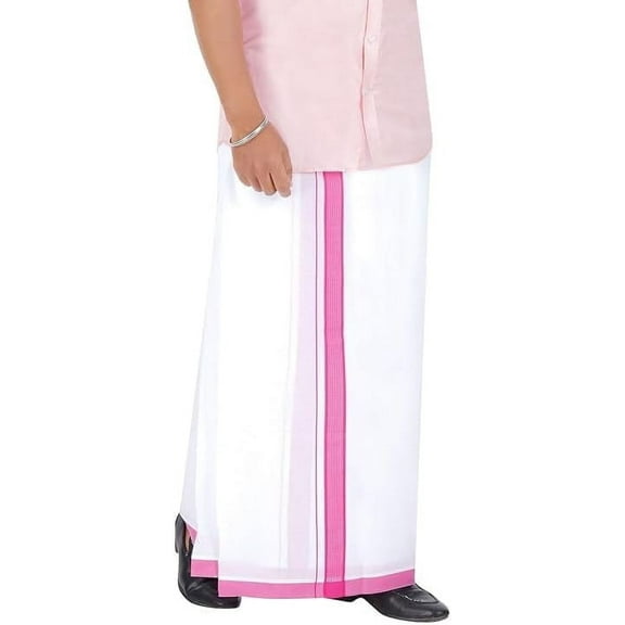 Stylesindia Cotton Dobby Design Border Dhotis (2m) Cotton Vesti Mundu Sarong Kerala Kasavu Border Dhoti (Pink, Single Layer / 4 Mulam)