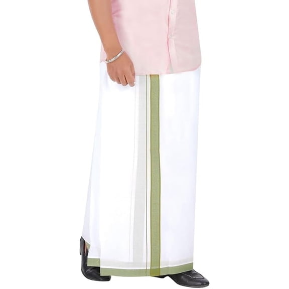 Stylesindia Cotton Dobby Design Border Double Layer Dhoti Cotton Vesti Mundu Sarong Kerala Kasavu Border Dhoti 3.6M Olive