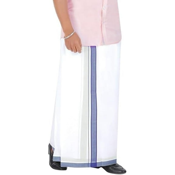 Stylesindia Cotton Dobby Design Border Double Layer Dhoti Cotton Vesti Mundu Sarong Kerala Kasavu Border Dhoti 3.6M Violet