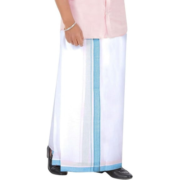 Stylesindia Cotton Dobby Design Border Dhotis (2m) Cotton Vesti Mundu Sarong Kerala Kasavu Border Dhoti (Blue, Single Layer / 4 Mulam)