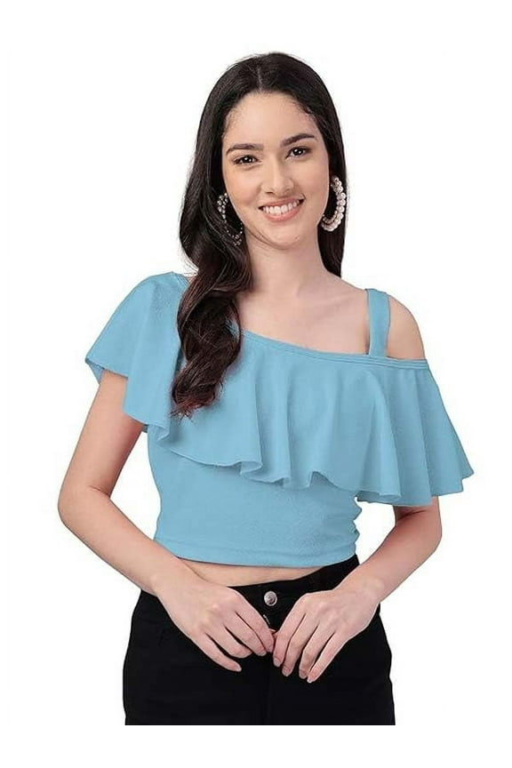 Womens Dressy Casual Tops Business Work Blouses Solid Flared Crop Top Round Neck Stretchable Top for Girls (X-Large, Sky Blue)