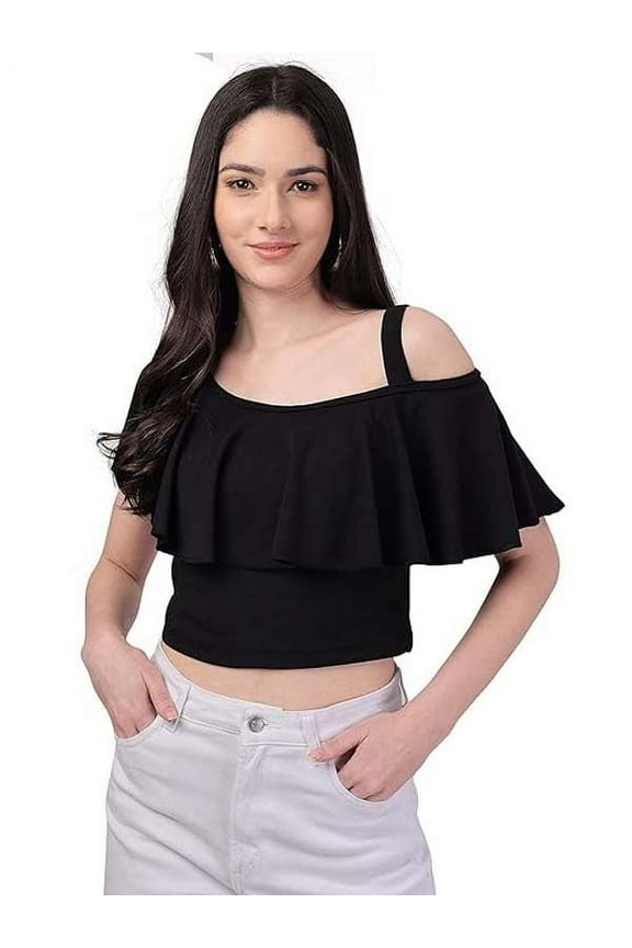 Womens Dressy Casual Tops Business Work Blouses Solid Flared Crop Top Round Neck Stretchable Top for Girls (XX-Large, Black)