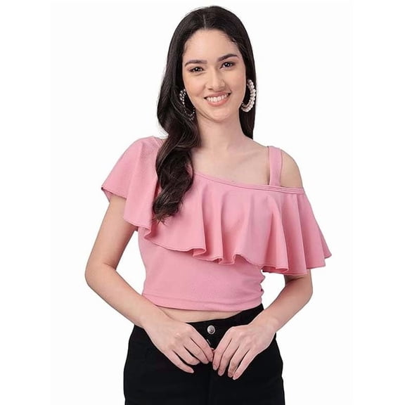 Stylesindia Womens Dressy Casual Tops Business Work Blouses Solid Flared Crop Top Round Neck Stretchable Top for Girls (XX-Large, Baby Pink)
