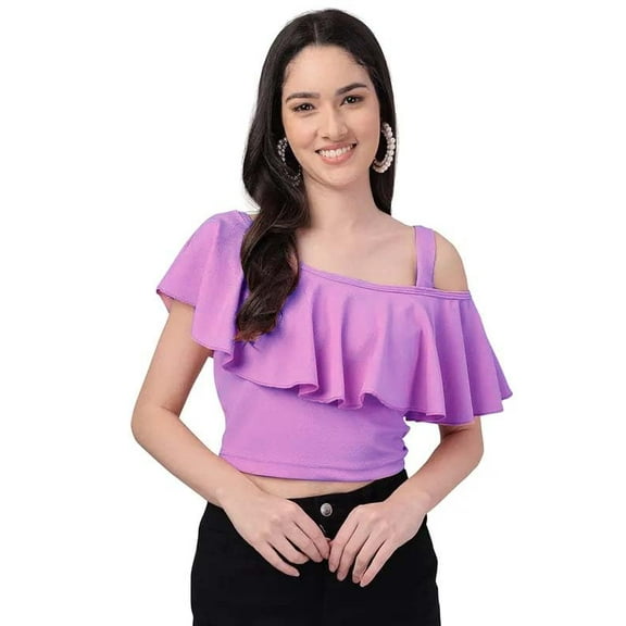 Stylesindia Womens Dressy Casual Tops Business Work Blouses Solid Flared Crop Top Round Neck Stretchable Top for Girls (XX-Large, Lavender)