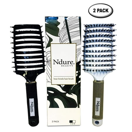 Styling Hair Brush Curved Vented Boar Bristle , 2 PACK, Anti-static Detangler, Thick, Fine, or Curly Hair, Wet or Dry Use, Fast Blow Drying, Use on Long or Short Hair. White & Black Brush Set
