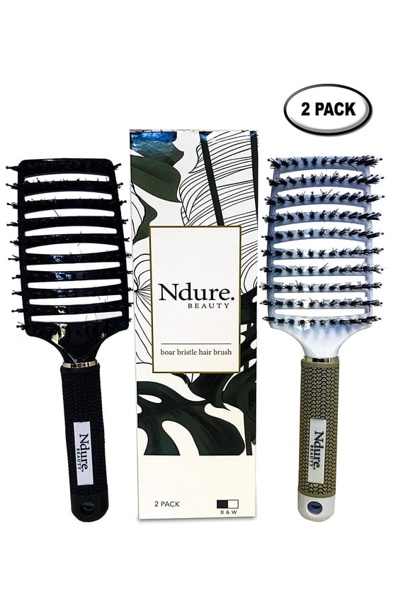 Styling Hair Brush Curved Vented Boar Bristle , 2 PACK, Anti-static Detangler, Thick, Fine, or Curly Hair, Wet or Dry Use, Fast Blow Drying, Use on Long or Short Hair. White & Black Brush Set