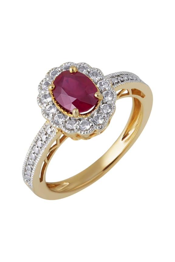 Stylish 1.00 Carat Flower Shaped Natural Ruby With White Topaz Ring In Yellow Gold Plated 925 Sterling Silver