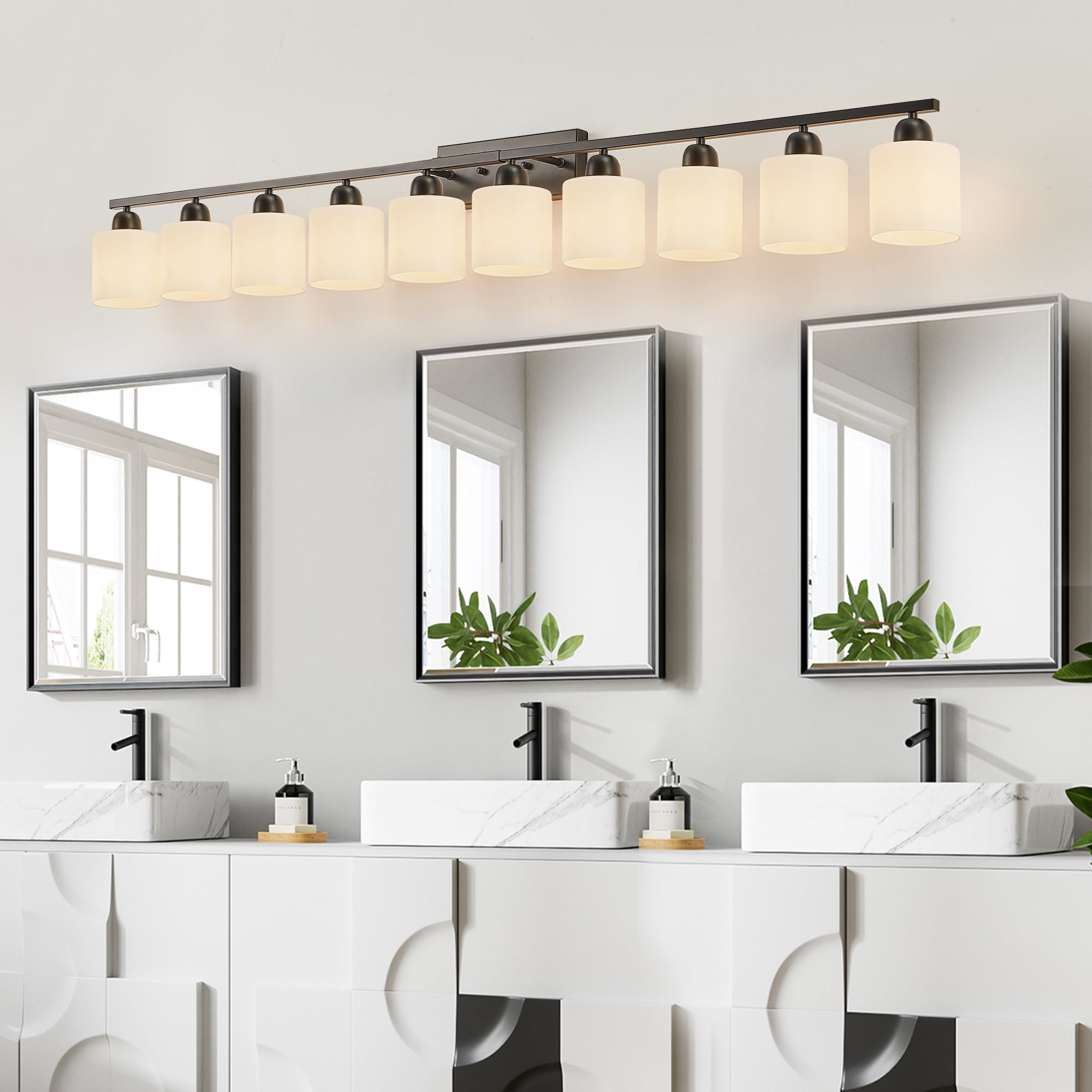 Stylish 10-Light Vanity Fixtures for Bathroom With Black Iron Frame And Glass Design