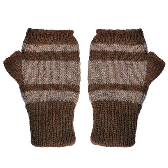 Stylish 100% Alpaca Fingerless Gloves - Brown / Lt Brown (S)