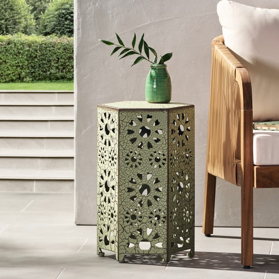 Stylish 12" Green Iron Side Table with Sunburst Pattern / Suitable for Patio Beverage Placement