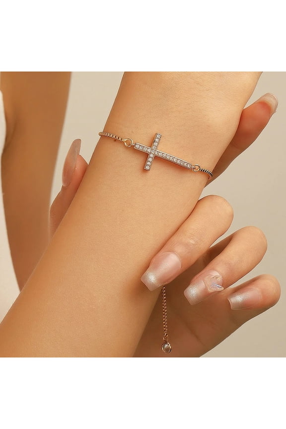 Stylish 14K Yellow Gold Set Zirconium Cross Bracelet Men's AND WOMEN'S Golden Silver Color Simple Adjustable Chain Bracelet Party Jewelry