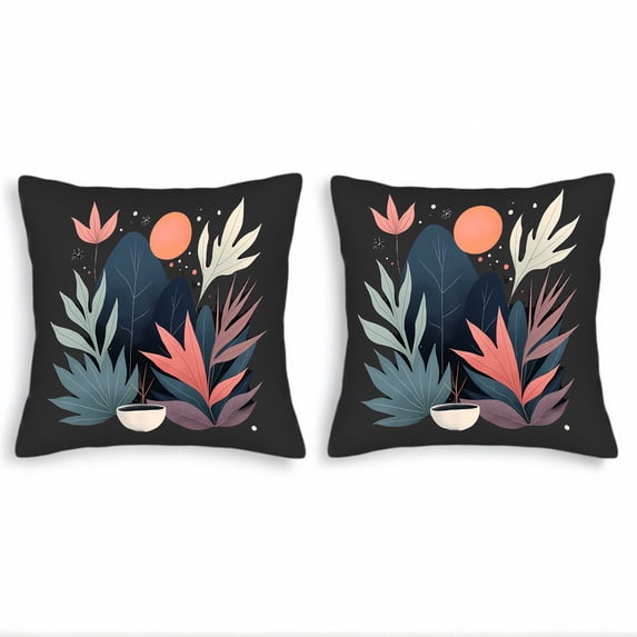Stylish 18x18in Throw Pillow Covers Set of 2 - Whimsical Botanical Design with Colorful Leaves & Moon/Sun Motif for Couch Bed Car