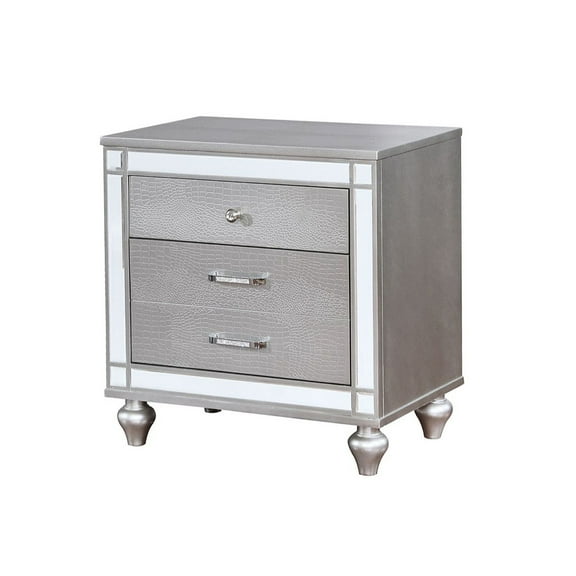Stylish 2 Wooden Nightstand In Silver - Felt-lined Top Drawers, Crocodile-textured Front, Easy Assembly For Bedroom Contemporary 2 Drawers With Luster Top, Detail,