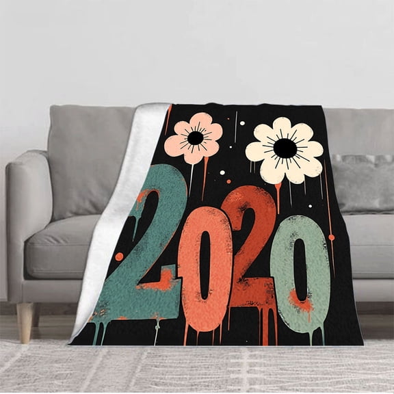 Stylish 2020 Flannel Blanket - Cozy Soft Warm Throw with Distressed Teal & Red Numbers Floral Accents Perfect for Sofa & Travel
