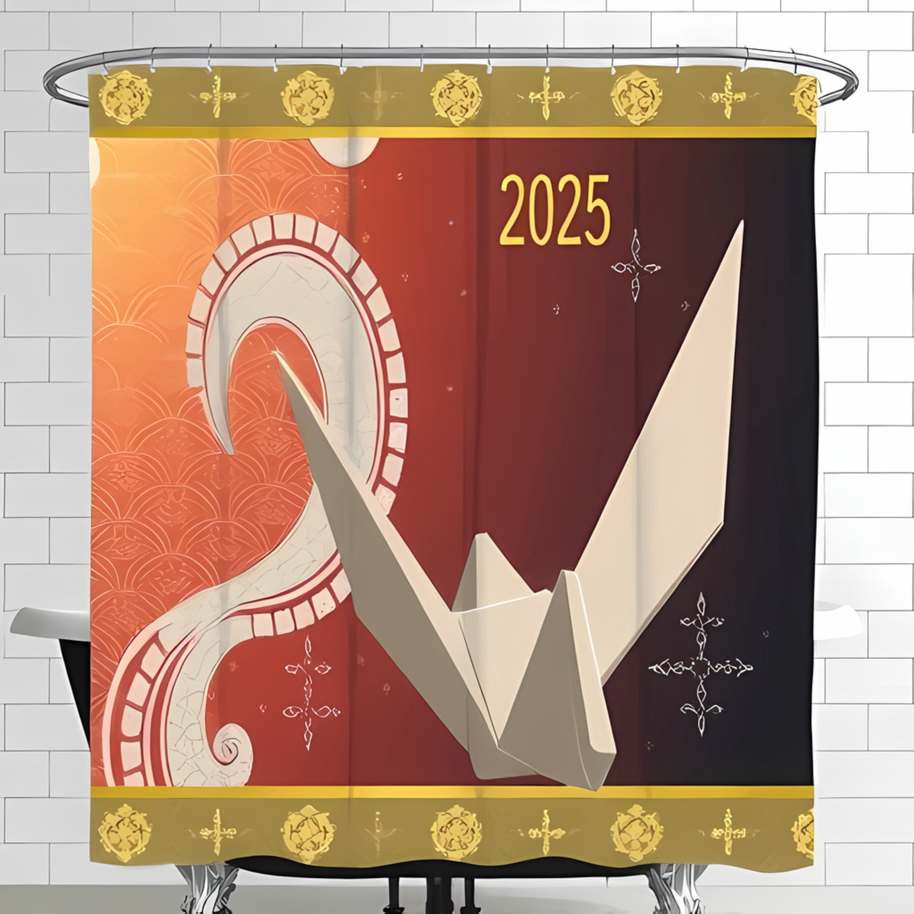 Stylish 2025 Shower Curtain with Origami Crane Deep Red & Orange ...