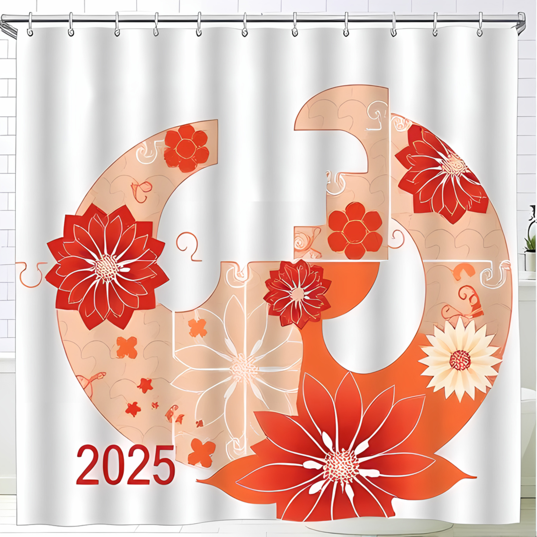 Stylish 2025 Shower Curtain with Peachy-Orange Floral Design on White ...