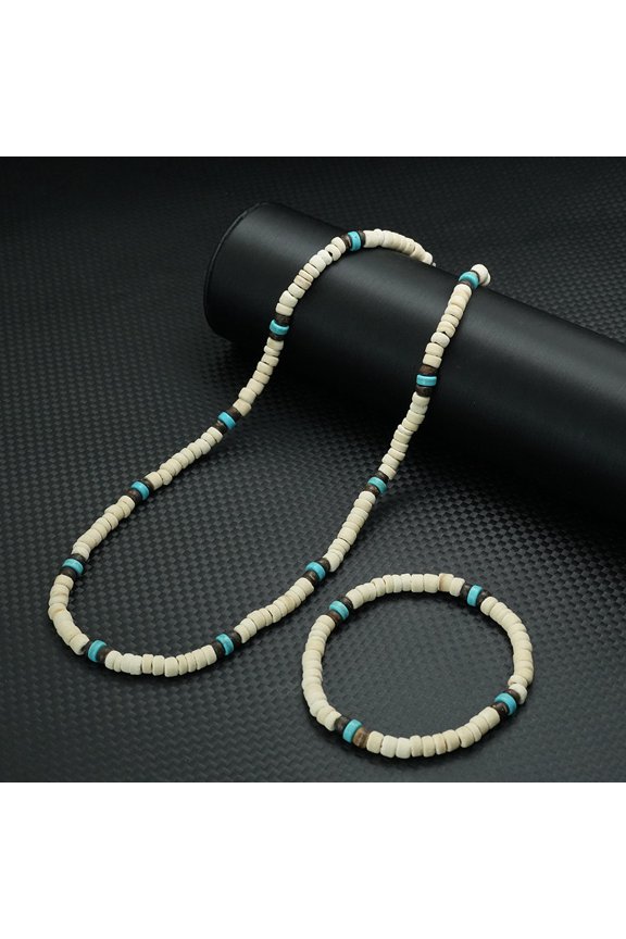Stylish 2Pcs Wooden Beaded Bracelet Necklace Set Men Natural Coconut Shell 50cm Neck Joias Holiday Casual Homme Daily Jewelry