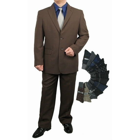 Stylish 2pc. Men's Regular Fit Dress Suit with 1 Free Pair of Socks - Brown 58L
