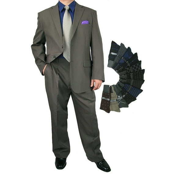 Stylish 2pc. Men's Regular Fit Dress Suit with 1 Free Pair of Socks - Charcoal Gray 52L