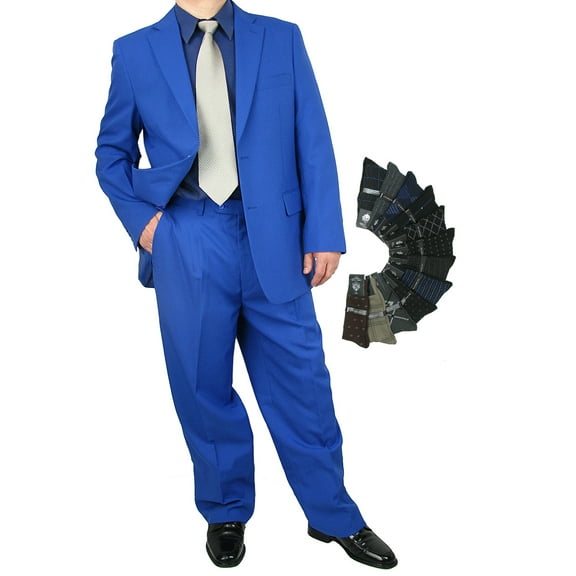 Stylish 2pc. Men's Regular Fit Dress Suit with 1 Free Pair of Socks - Royal Blue 42S