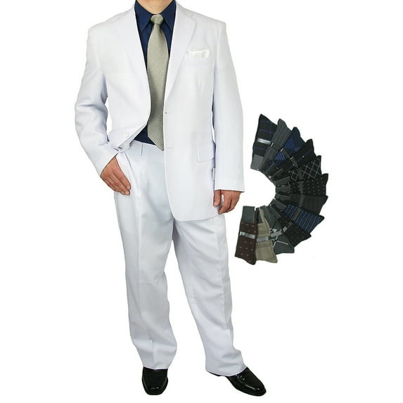 Stylish 2pc. Men's Regular Fit Dress Suit with 1 Free Pair of Socks - White 48R