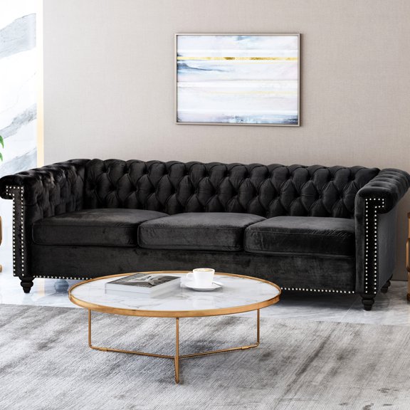 Stylish 3 In Black Velvet With Deep Button Tufting And Look Traditional Stable Support