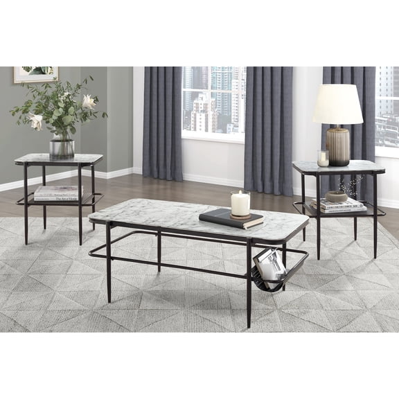 Stylish 3 Occasional Table : White Marble Print Glass & Customizable Shelf Metal Base With