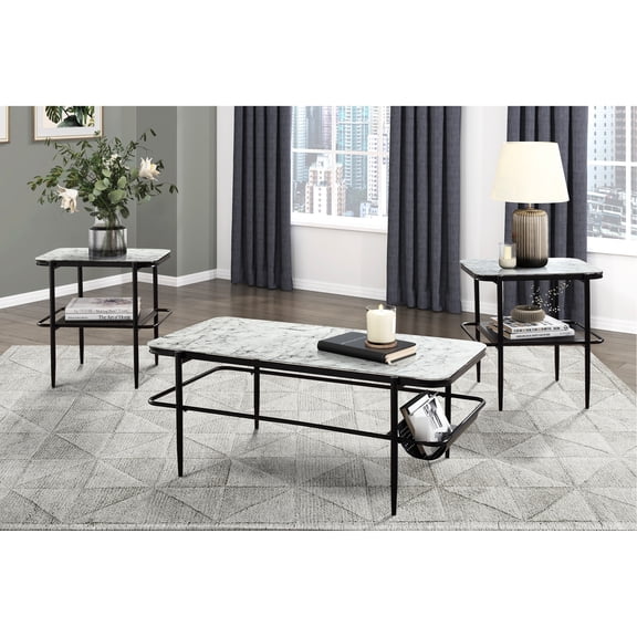 Stylish 3 Occasional Table : White Marble Print Glass & Special Storage Handy