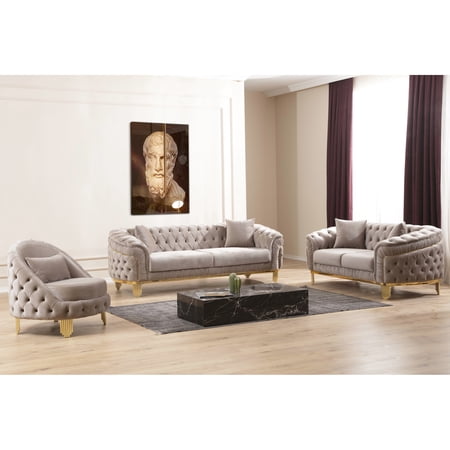Stylish 3 Pc Taupe Livingroom Furniture - Velvet Upholstery With Button Detailing, Gold- Legs, Enchanting Waterfall Pattern, Relaxing Seating For Family Room Ensemble Upholstery, Stainless Home
