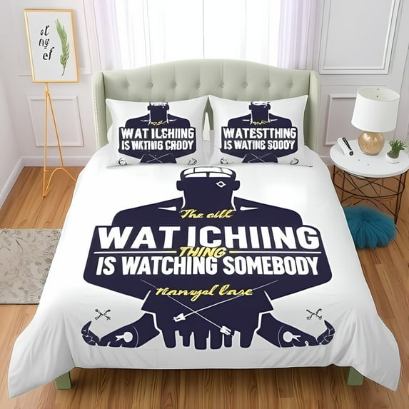 Stylish 3-Piece Duvet Cover Set with Bold Typography - Playful Surveillance Design Soft Green & White Color Scheme Modern Elegance